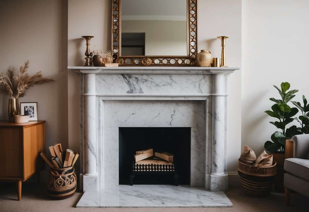 A marble hearth with a decorative mirror above, surrounded by various fireplace decor items