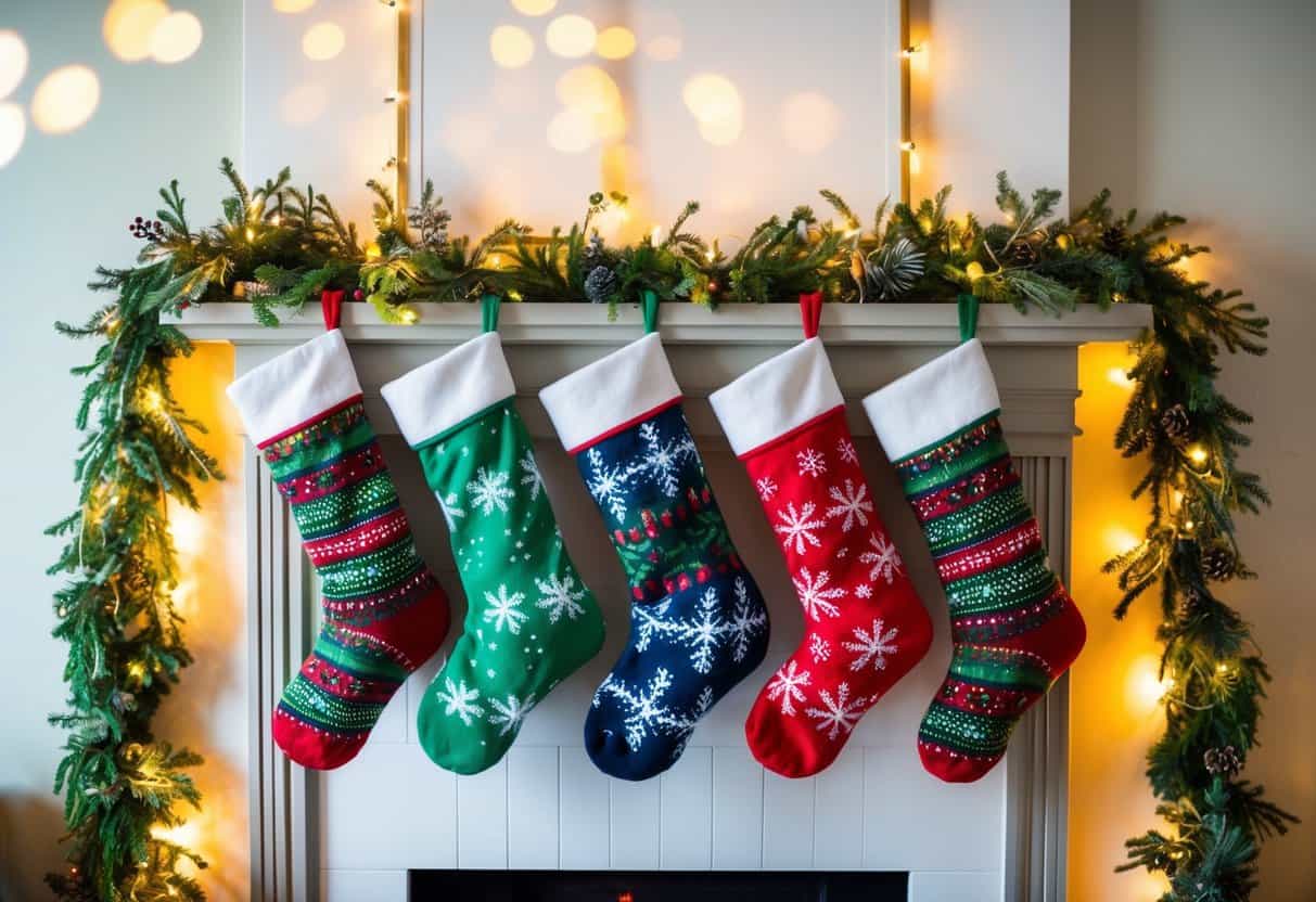 Colorful holiday stockings hang from a fireplace mantel, surrounded by twinkling lights and greenery