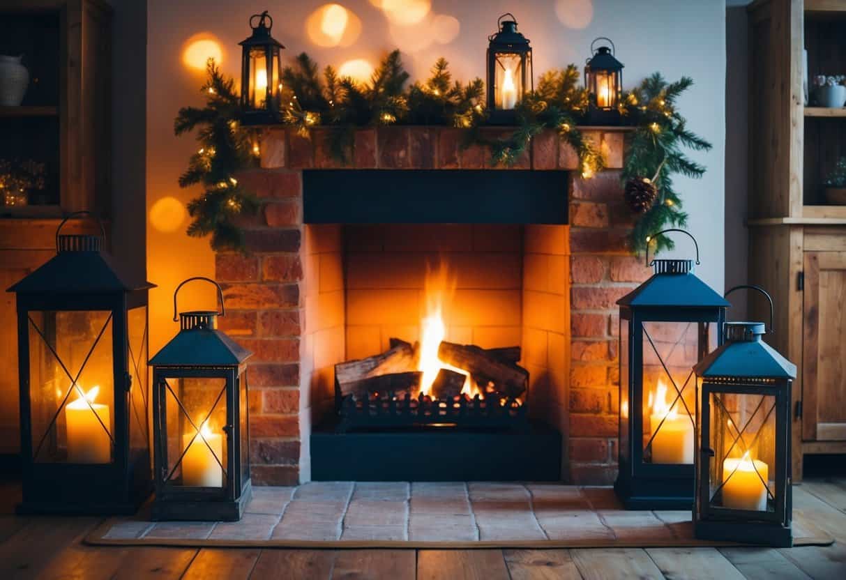 A cozy fireplace adorned with vintage lanterns, casting a warm, flickering glow in a rustic living room setting