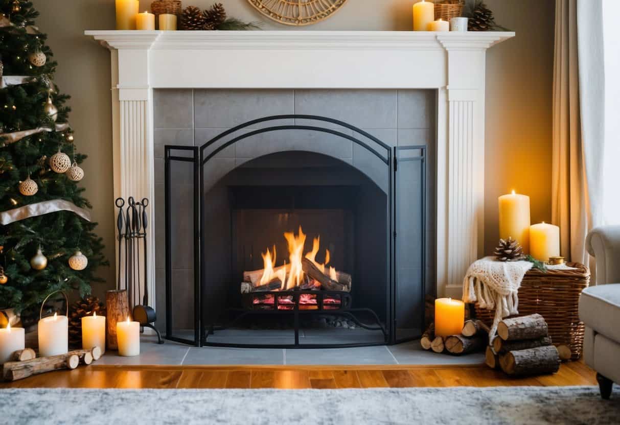 A cozy living room with a large iron fireplace screen as the focal point, surrounded by various fireplace decor ideas such as candles, logs, and decorative tools