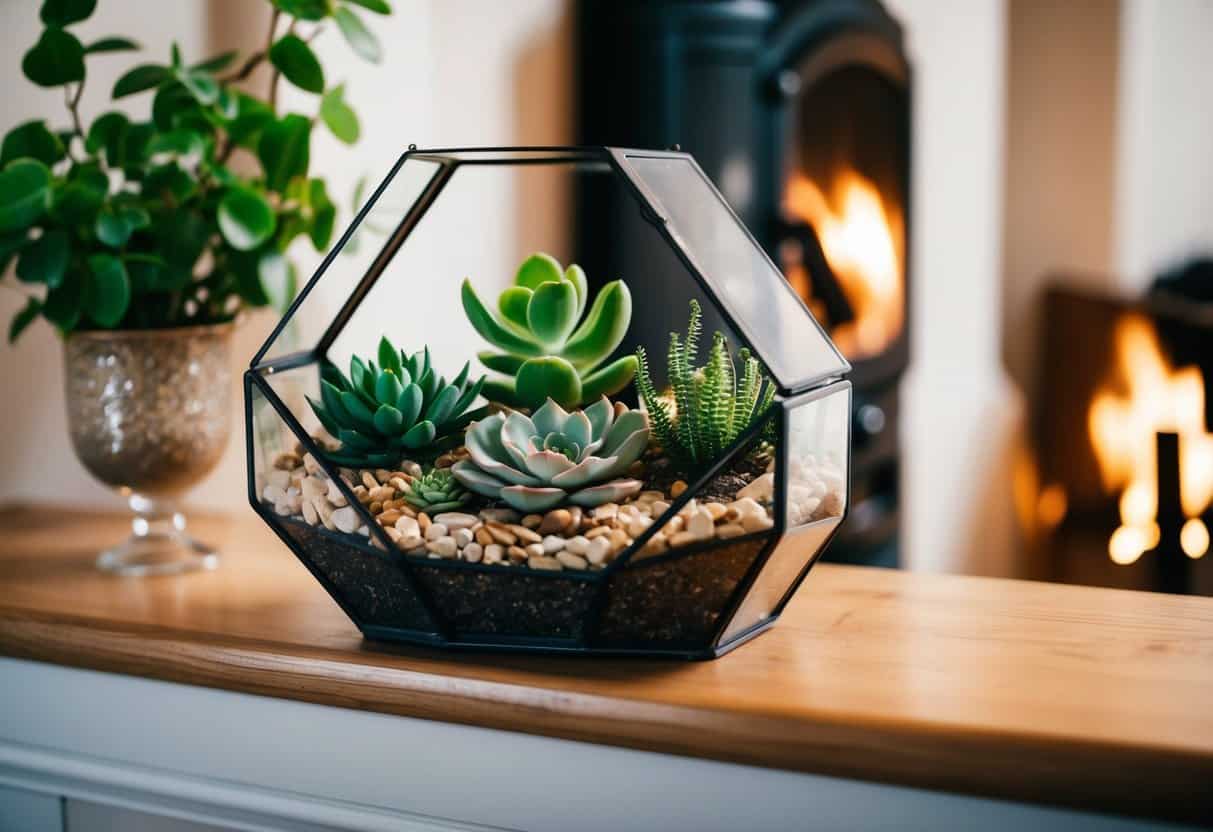 A terrarium filled with succulent plants sits on a mantel next to a cozy fireplace, adding a touch of greenery to the room