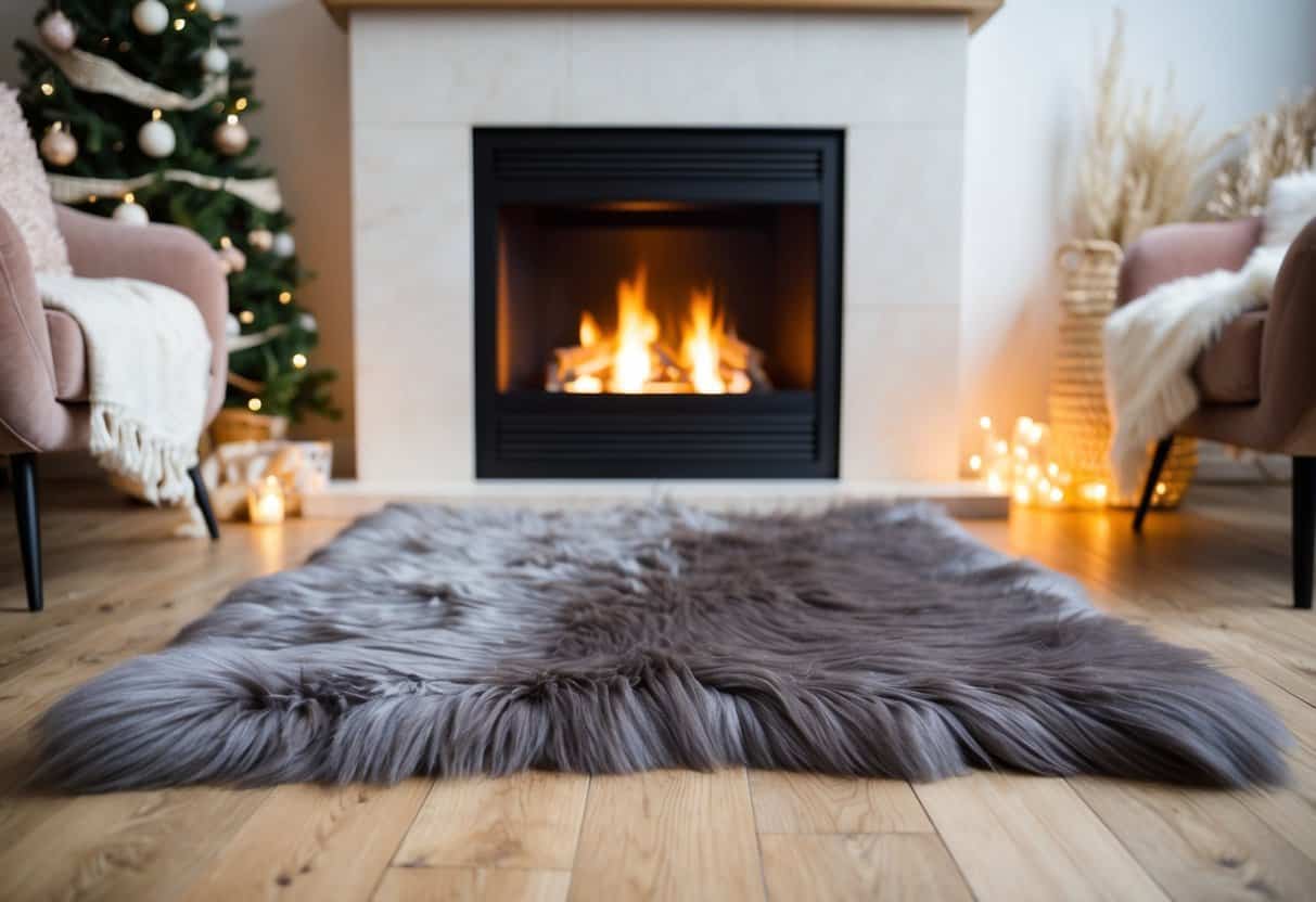 A faux fur rug lies in front of a crackling fireplace, surrounded by cozy decor and soft lighting