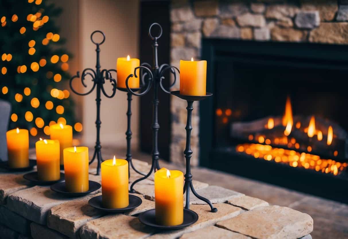 Wrought iron candle holders arranged on a stone fireplace, casting warm, flickering light in a cozy living room