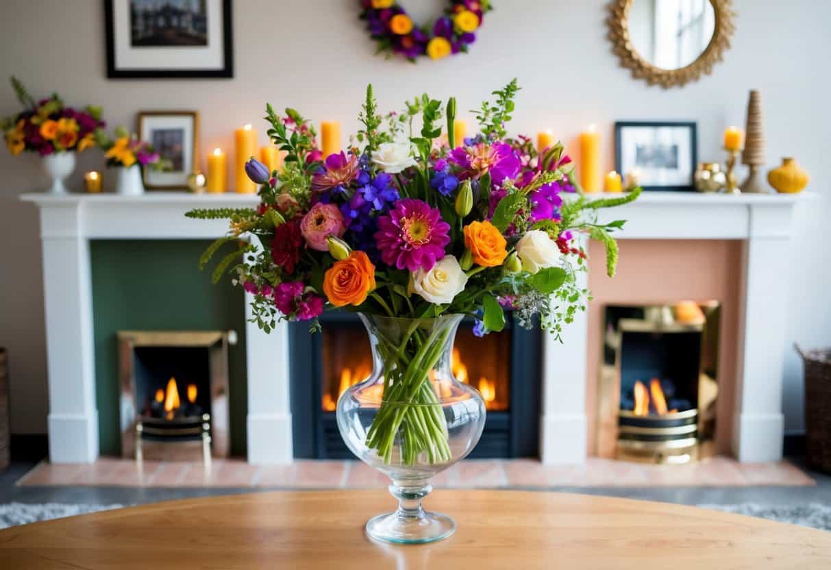 A glass vase filled with a vibrant floral arrangement sits on a mantel, surrounded by 19 different fireplace decor ideas