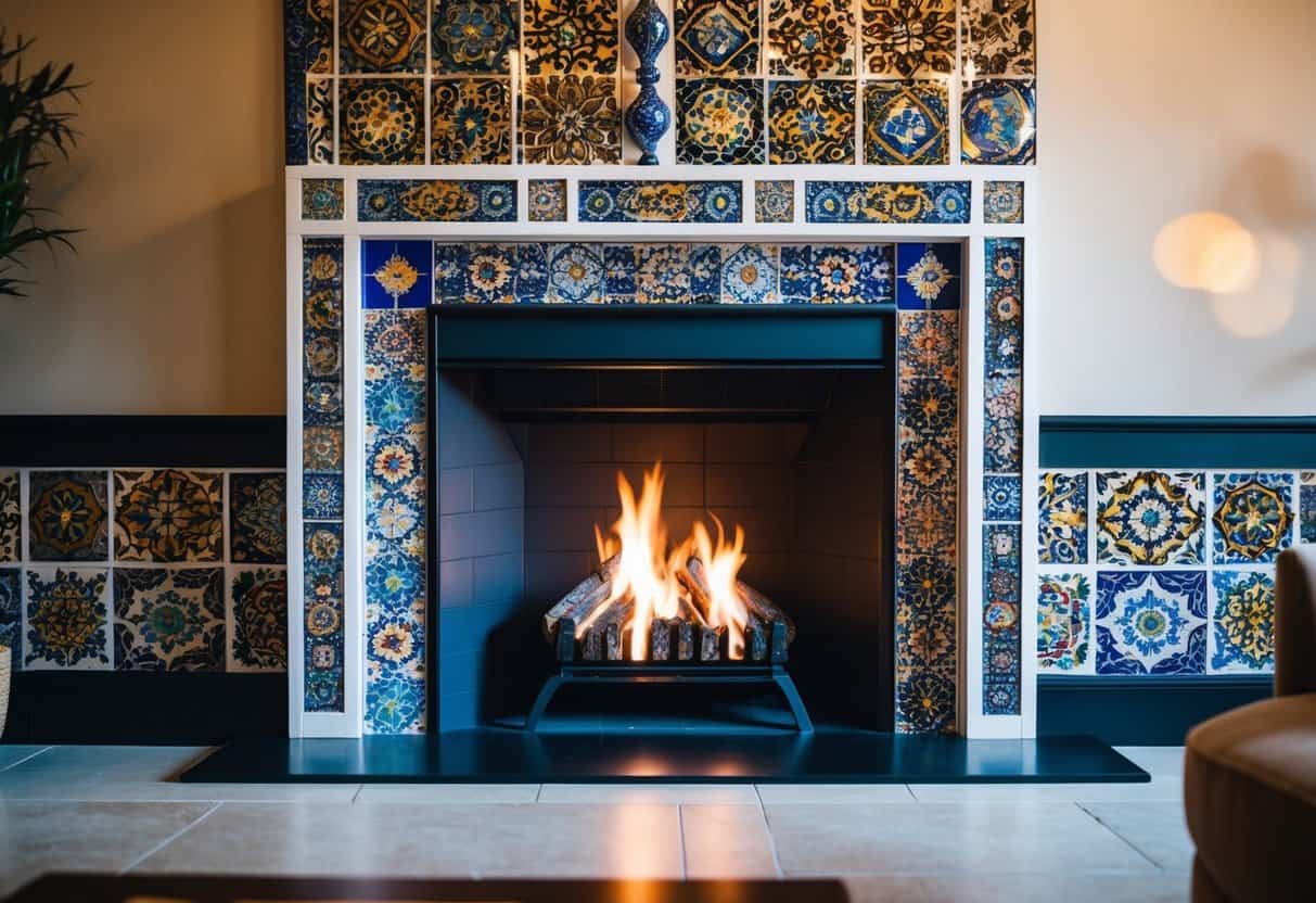 A fireplace adorned with a complex mosaic of colorful and detailed tiles, creating an eye-catching accent piece in the room