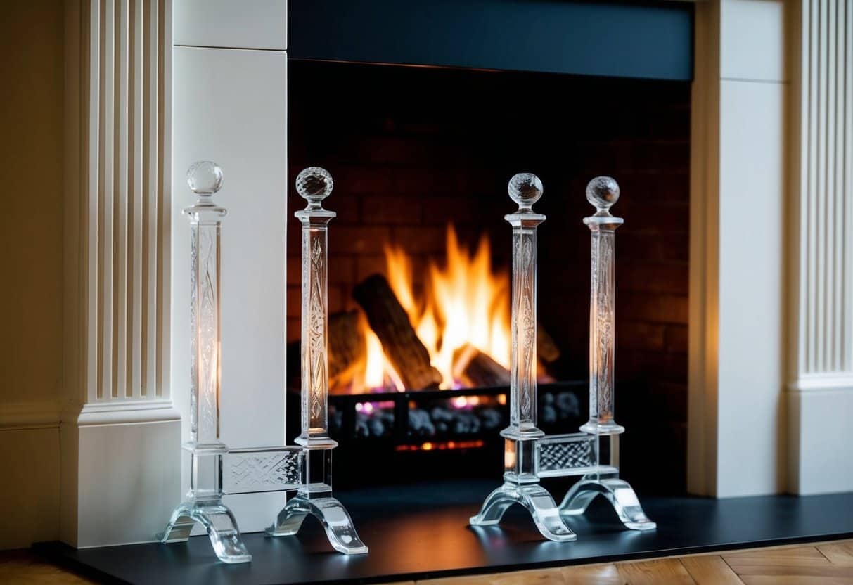 Two etched glass andirons stand tall beside a crackling fireplace, casting intricate shadows on the hearth