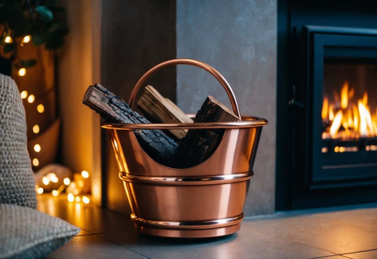 A copper firewood holder sits next to a crackling fireplace, surrounded by cozy decor and warm lighting