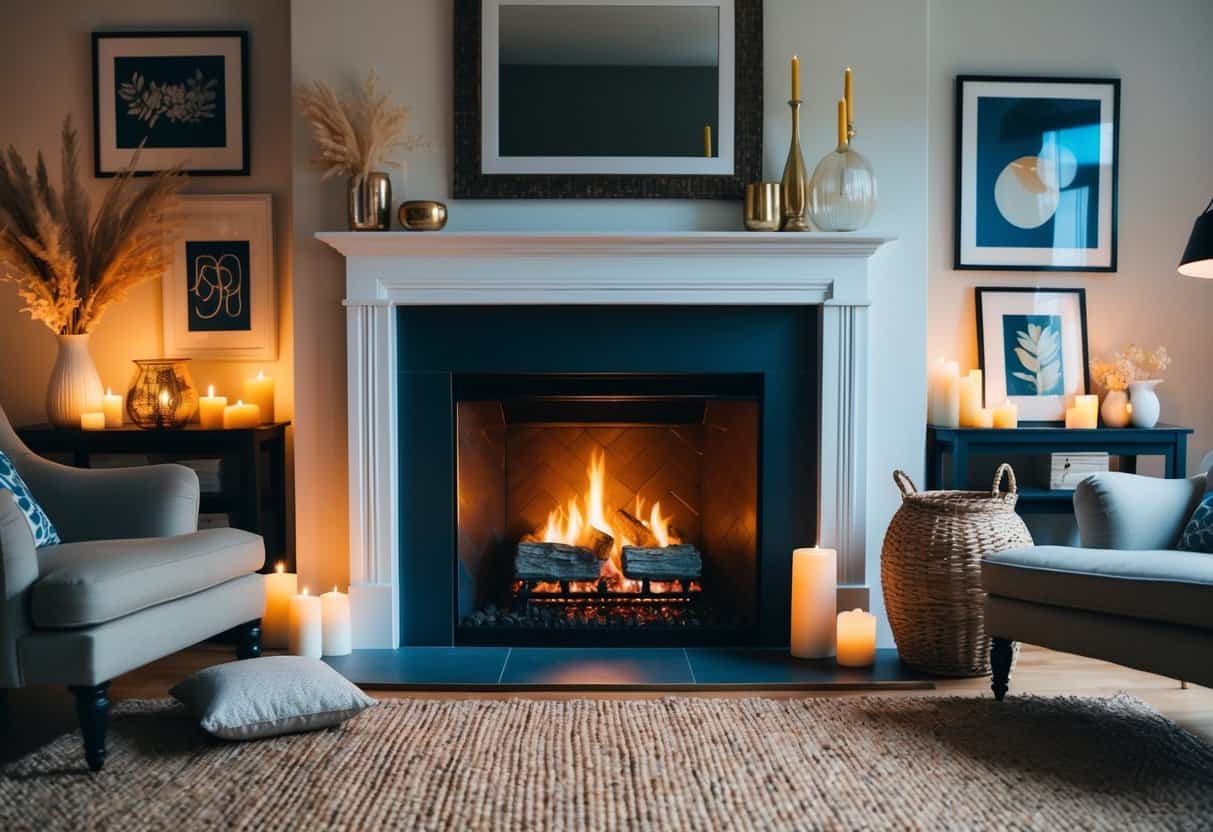 A cozy living room with a crackling fireplace surrounded by various decorative elements such as candles, vases, and framed artwork