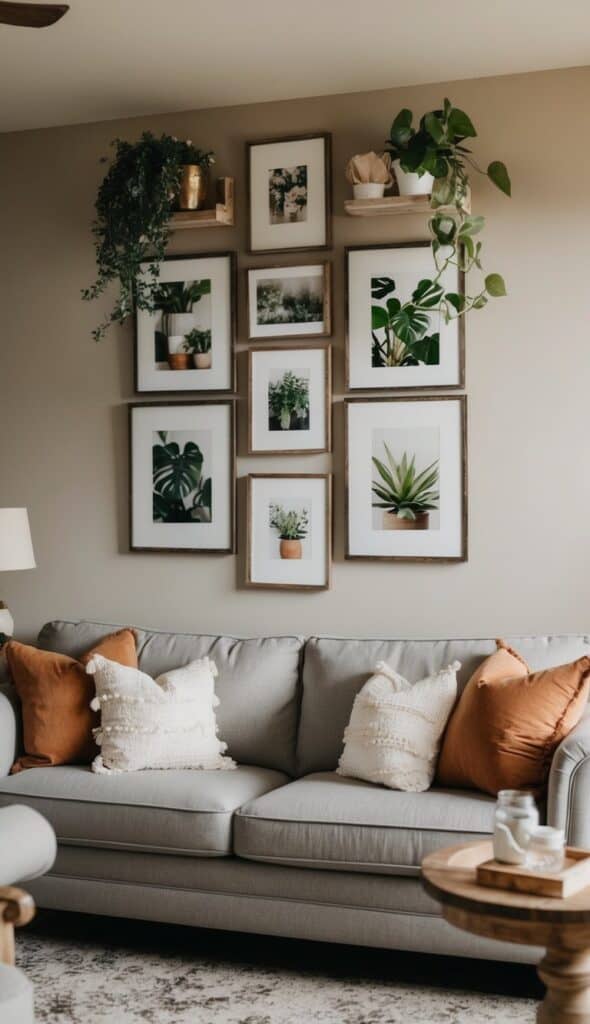 a rustic farmhouse style gallery wall in a living room with pictures of plants