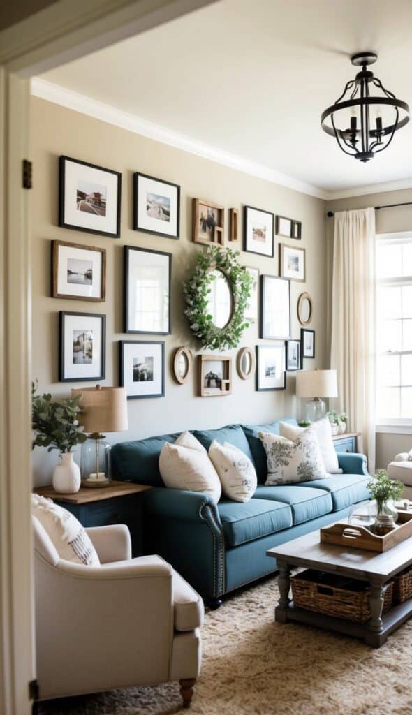 a rustic farmhouse style gallery wall in a living room with a mix of pictures and mirrors