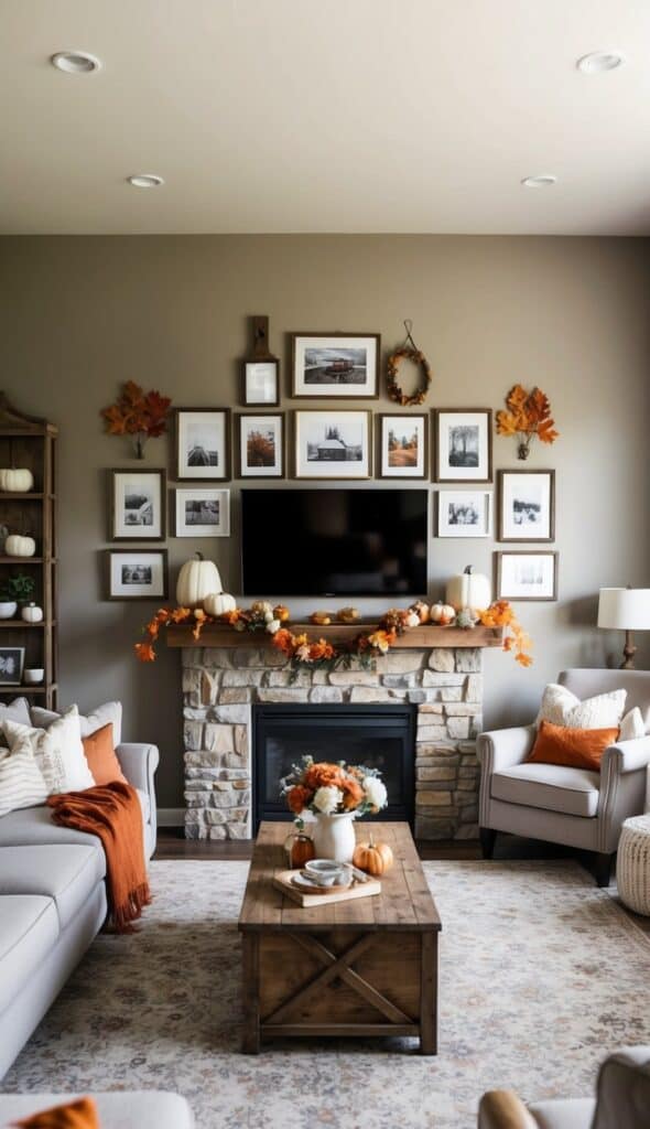 a rustic farmhouse style gallery wall in a living room with some autumn seasonal decor