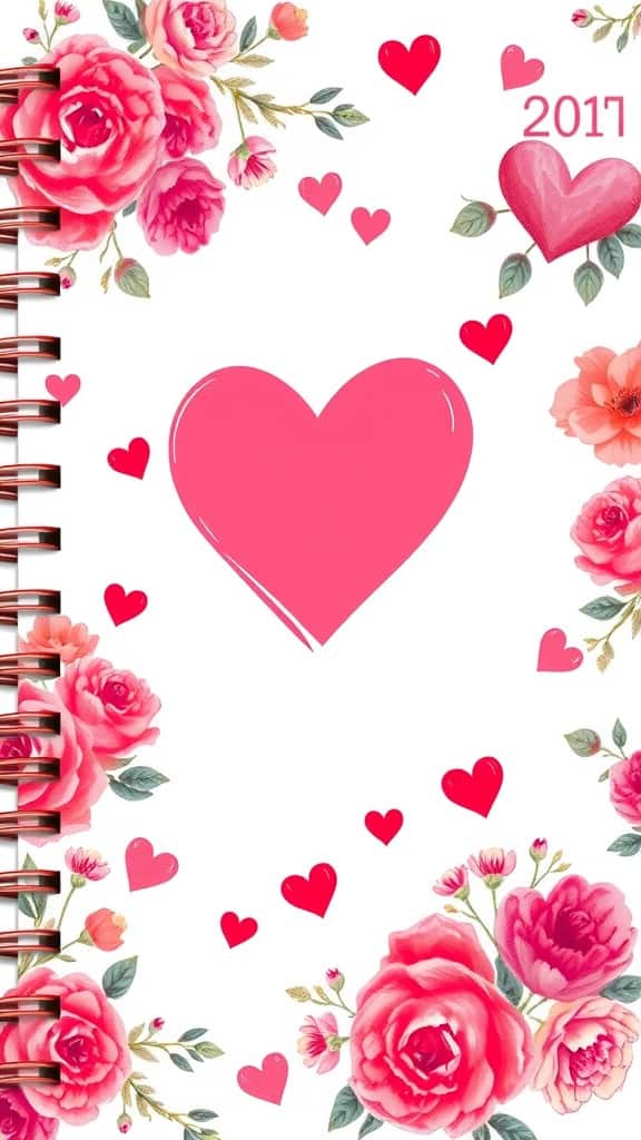 A pink heart surrounded by roses and smaller hearts on a planner's cover