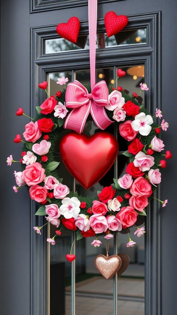 A vibrant Valentine's Day wreath with pink and red roses, a shiny red heart, and heart-shaped decorations, hanging on a door.