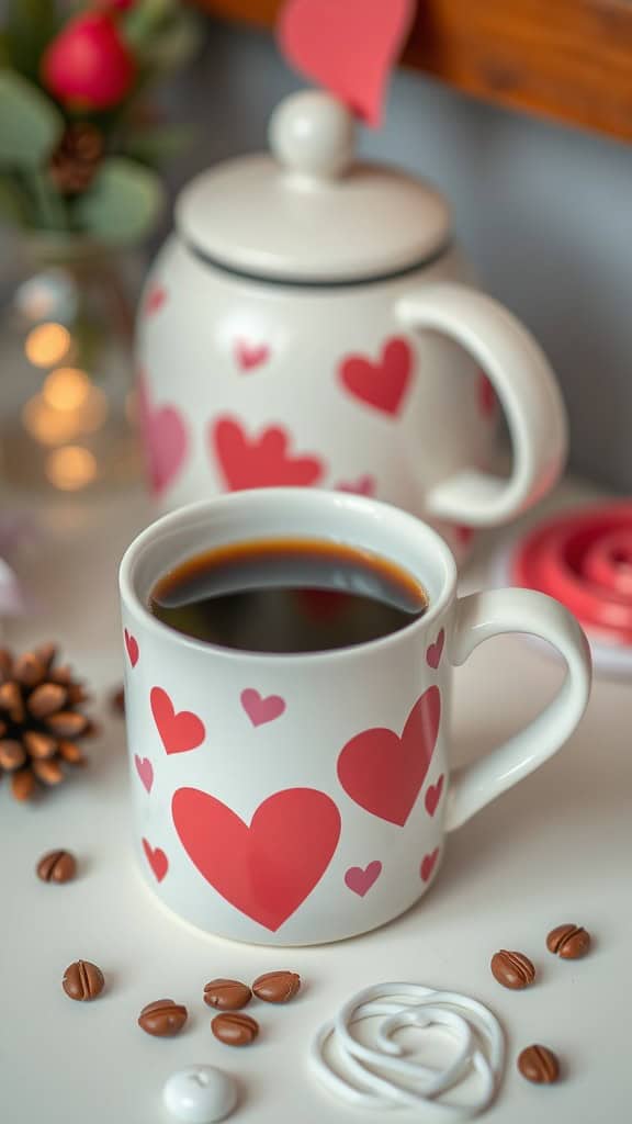 A coffee mug decorated with heart patterns, filled with black coffee, surrounded by coffee beans and a teapot.