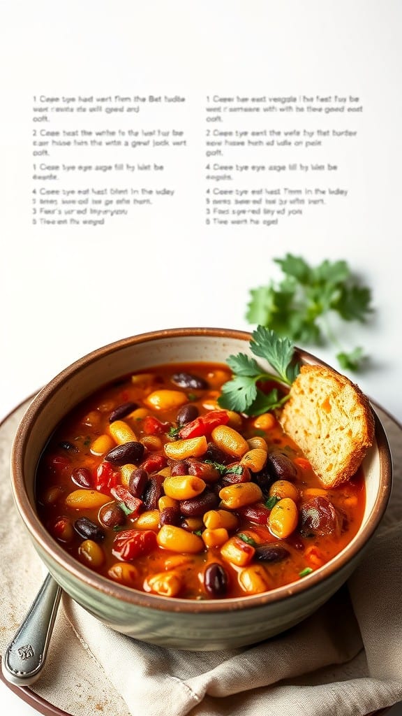 A delicious bowl of vegetable and bean chili served with a slice of bread