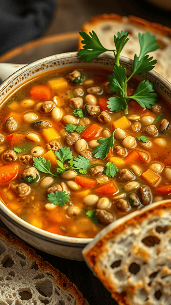 A bowl of vegetable and lentil soup garnished with fresh herbs, next to slices of toasted bread.