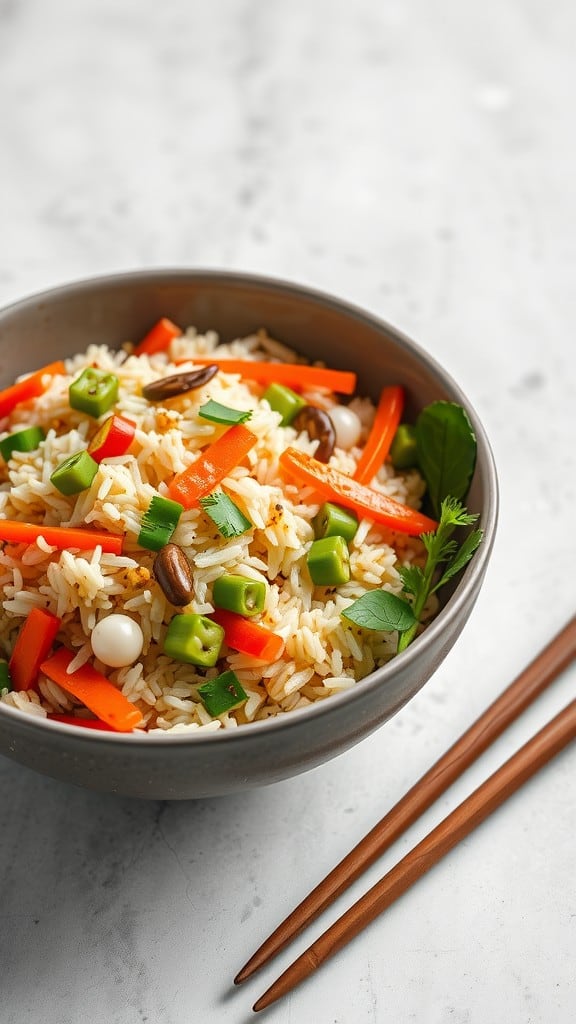 A bowl of vegetable fried rice with colorful vegetables and chopsticks