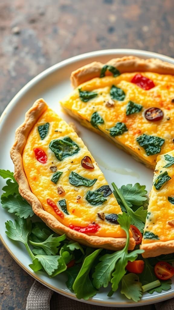 Slices of vegetable quiche on a plate with greens.