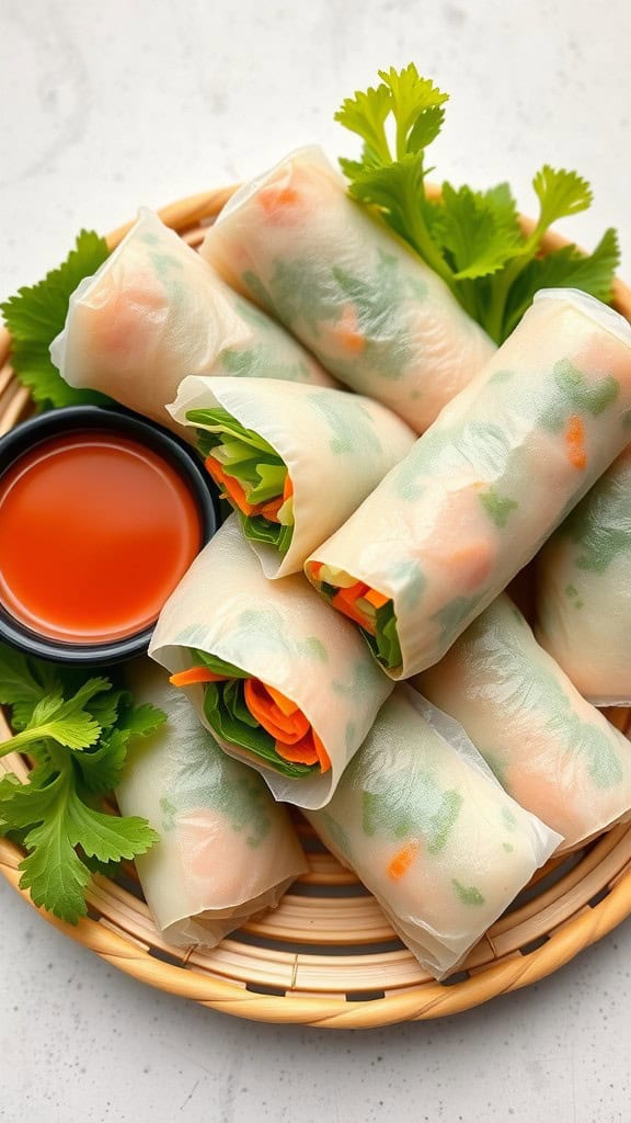 A basket of vegetable spring rolls with a dipping sauce, garnished with cilantro.