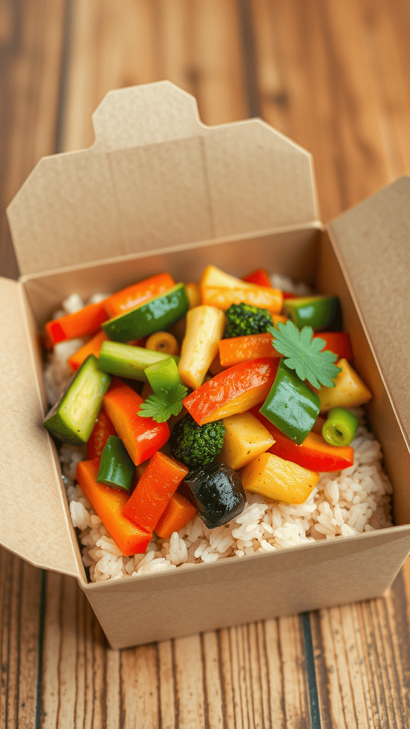 A box of colorful vegetable stir-fry with brown rice