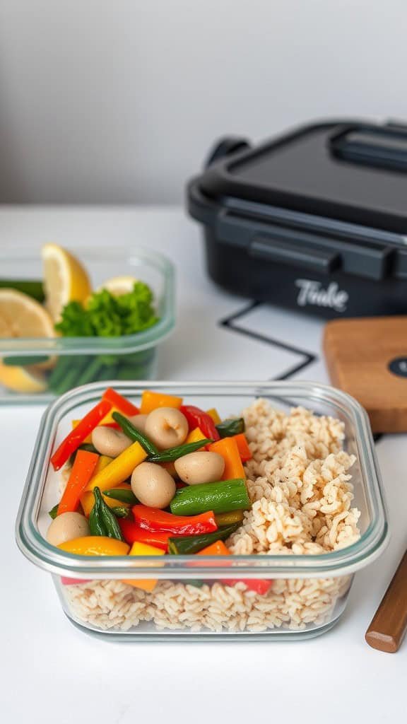 A glass container filled with vegetable stir-fry and brown rice, surrounded by fresh ingredients.