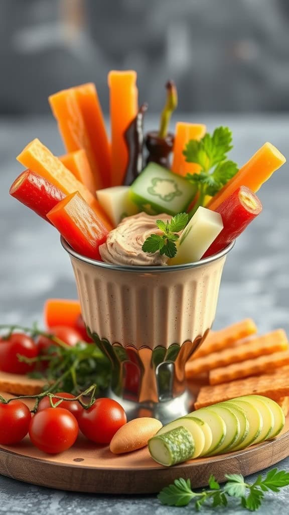 A charcuterie cup filled with colorful vegetables and a portion of hummus