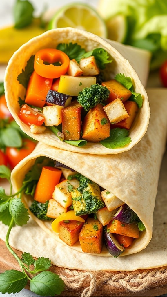 A close-up of a vegetarian pesto wrap filled with colorful diced vegetables such as bell peppers and broccoli, garnished with cilantro.