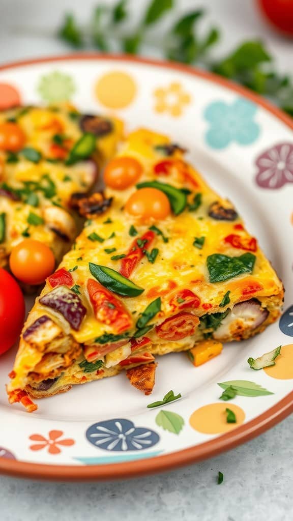 A slice of colorful veggie-packed frittata on a patterned plate, garnished with cherry tomatoes and herbs.