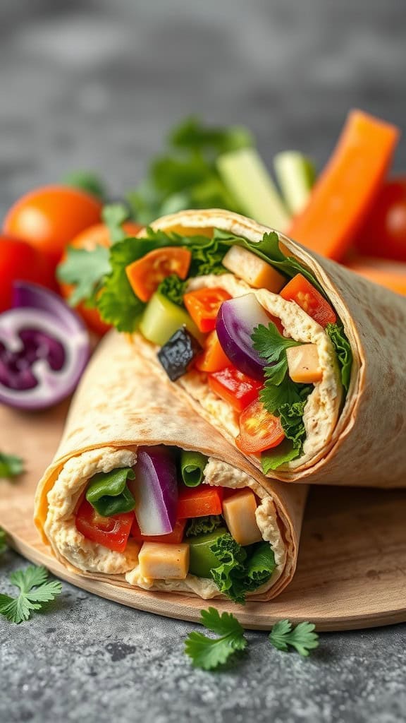 A veggie and hummus wrap filled with fresh vegetables, displayed on a wooden plate.