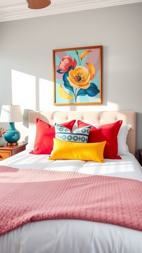 A cozy bedroom featuring colorful pillows, a floral painting, and sunlight highlighting the decor.