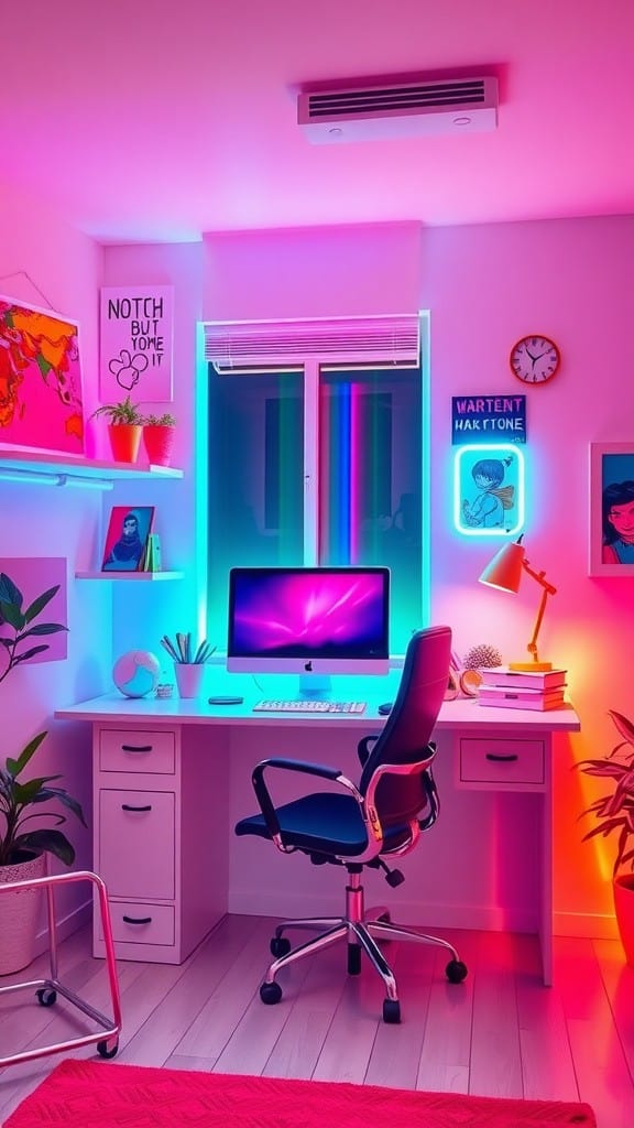 A vibrant and modern workspace filled with neon lights, a computer, and decorative items.