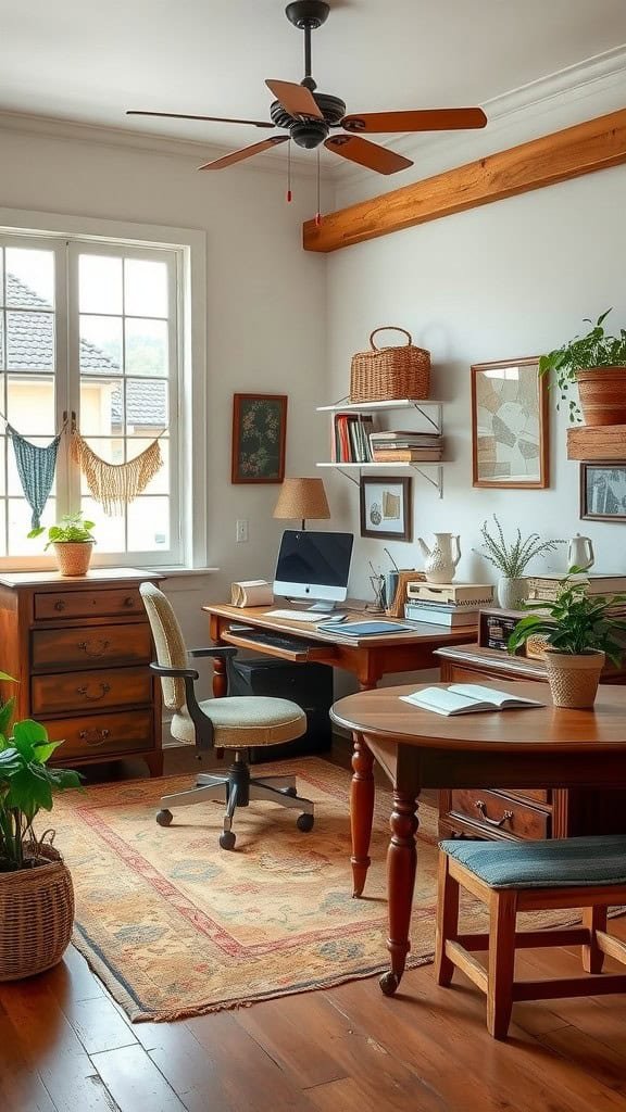 A vintage and rustic style home office featuring wooden beams, plants, and mixed furniture.