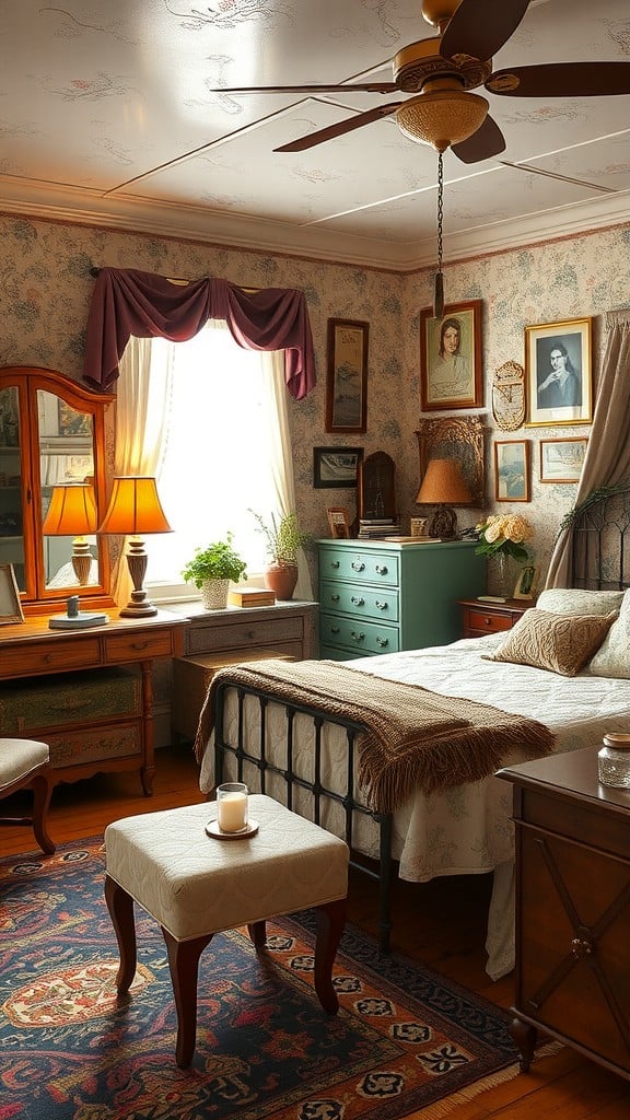 Cozy vintage bedroom with warm colors, classic furniture, and decorative elements.