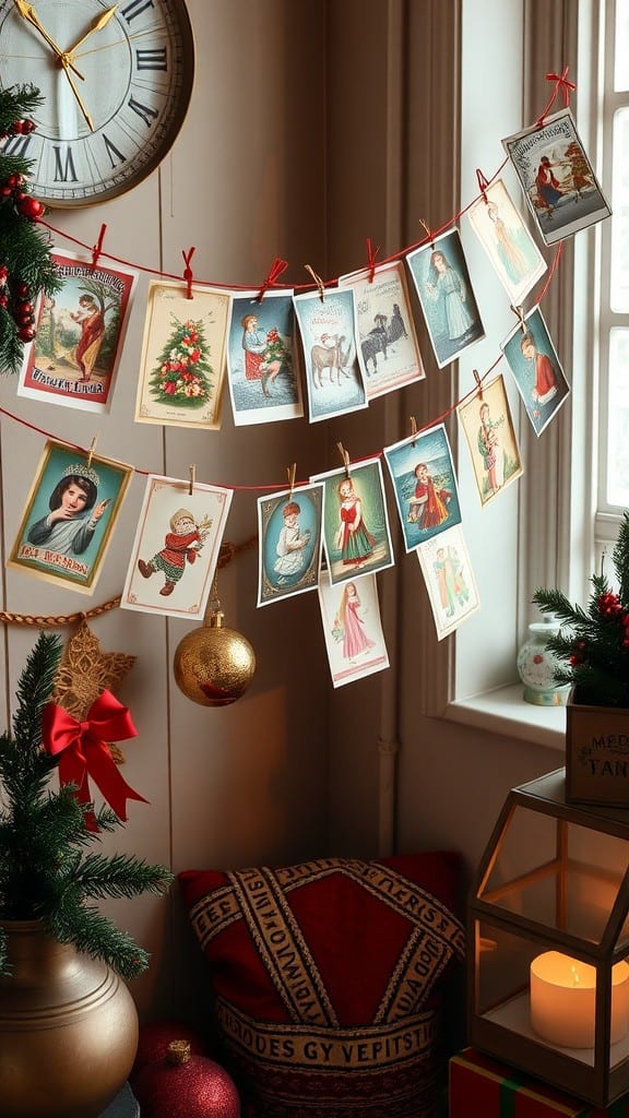 A display of vintage Christmas cards hanging on a string, adorned with festive decorations.