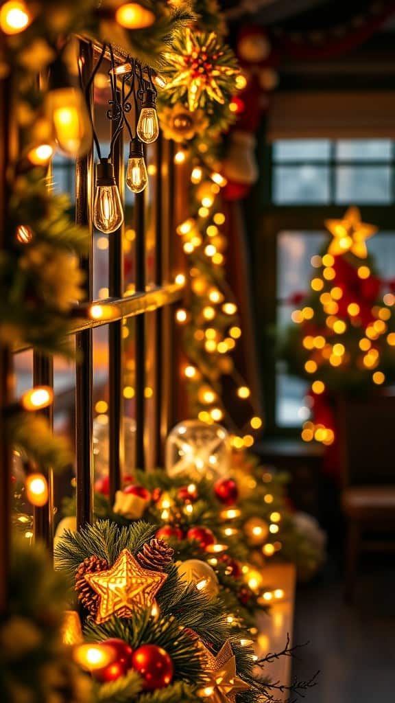 A beautifully decorated space with vintage Christmas lights, garlands, and ornaments.