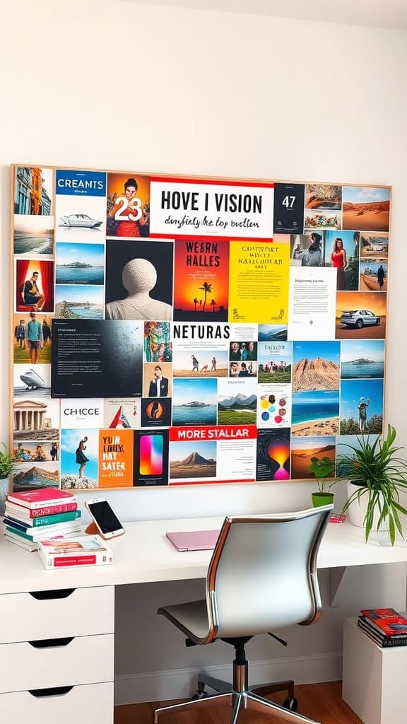 Colorful vision board displaying various images and quotes in a modern home office