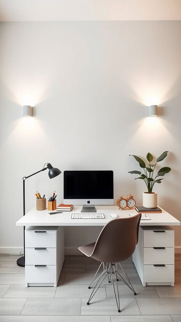 A minimalist home office with wall-mounted sconces, a desk, and a plant.