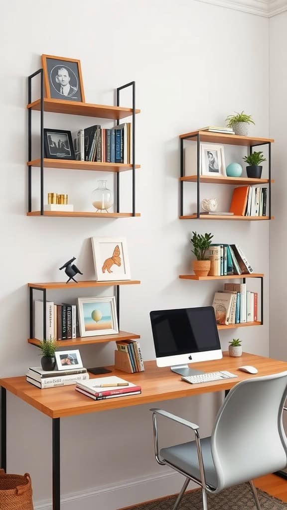 A modern workspace featuring wall-mounted shelves with books and decor, and a clean desk with a computer.