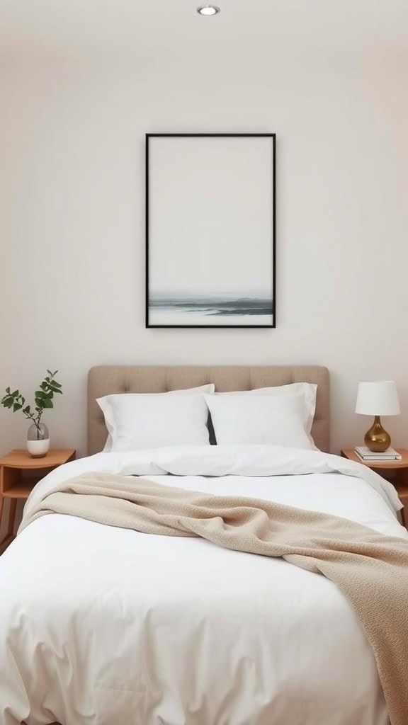 Minimalist bedroom with wall art above the bed.