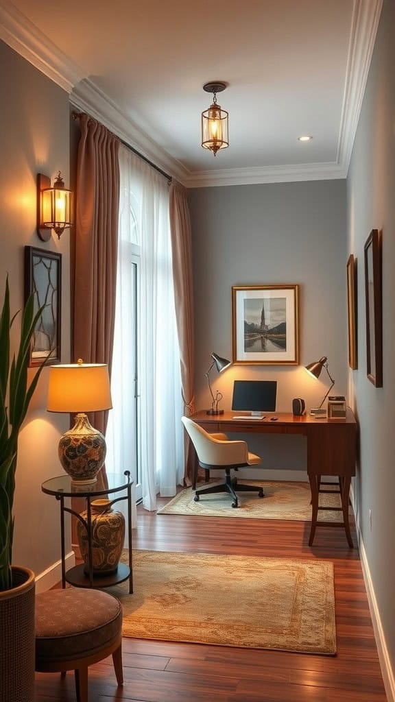 Warm and inviting entryway featuring a luxury home office setup.