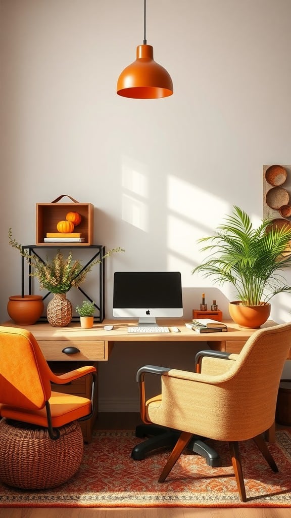 Cozy home office with warm color accents, featuring orange decor and natural elements.