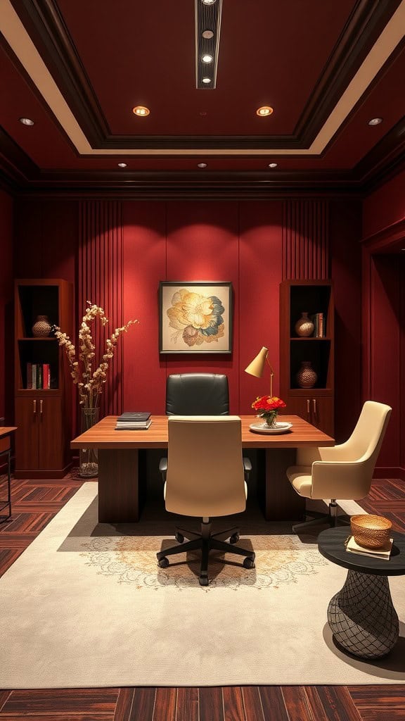 A warm and inviting office space with deep red walls, wooden furniture, and cozy lighting.