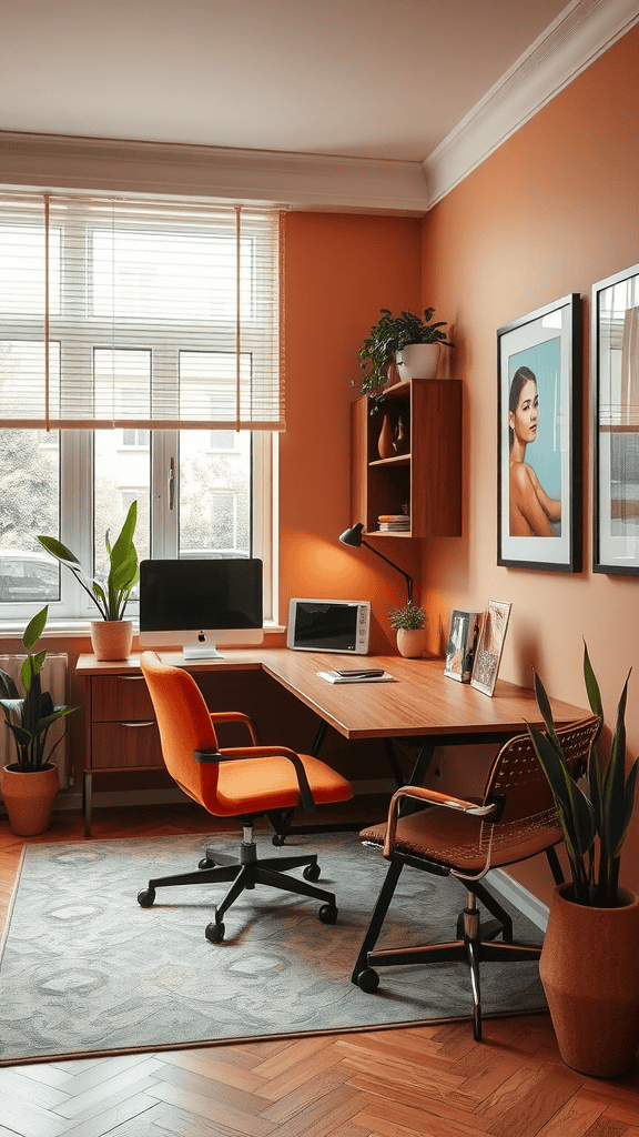 A cozy office space featuring warm orange walls, a wooden desk, and decorative plants.