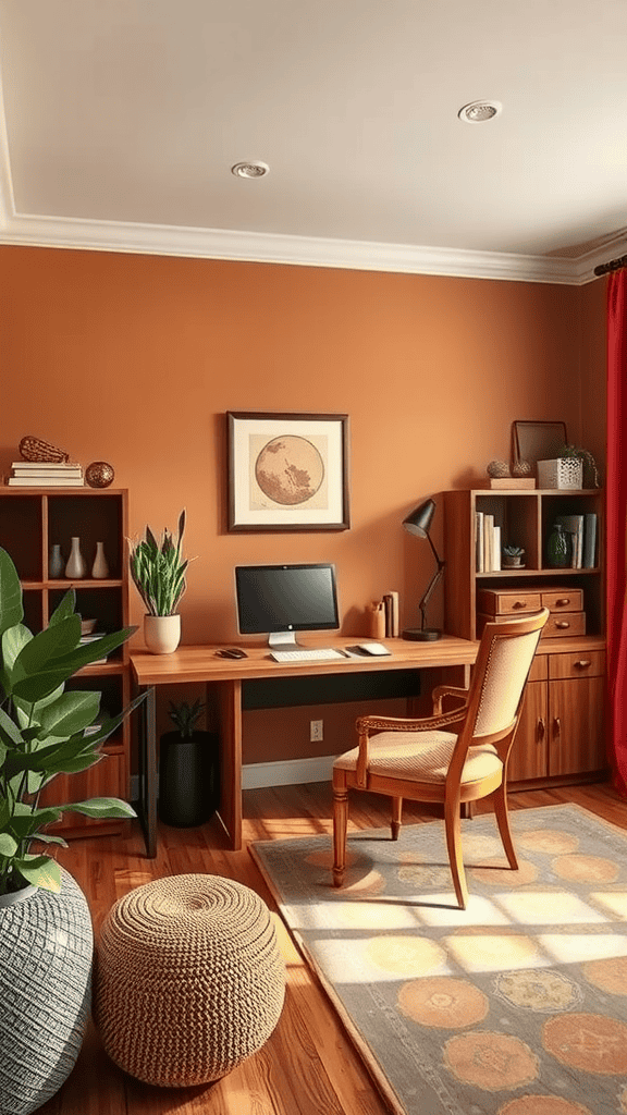 A cozy workspace featuring warm earthy tones with a wooden desk, a computer, plants, and comfortable chair.