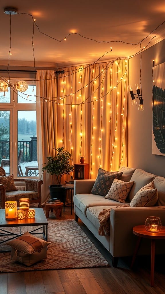 Cozy living room with warm fairy lights and minimalist decor.