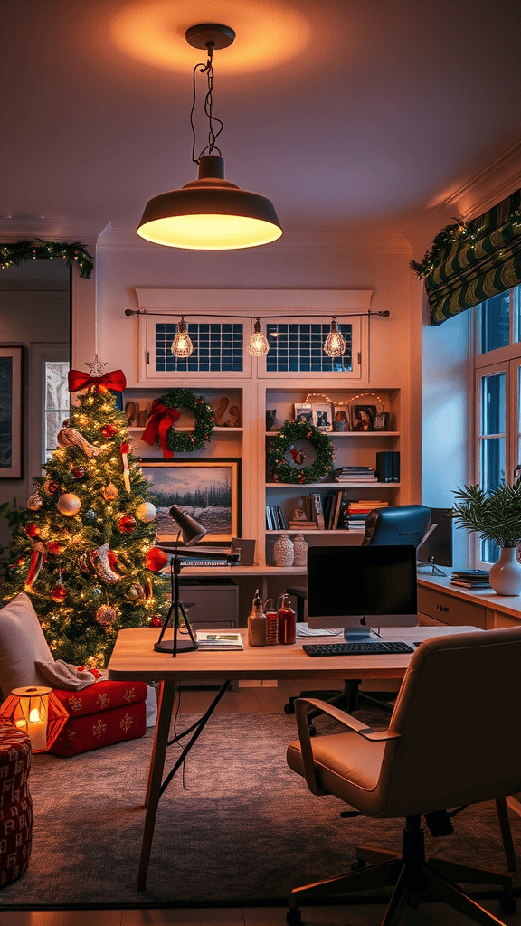 A cozy holiday-themed workspace with warm lighting, a decorated Christmas tree, and festive decorations.