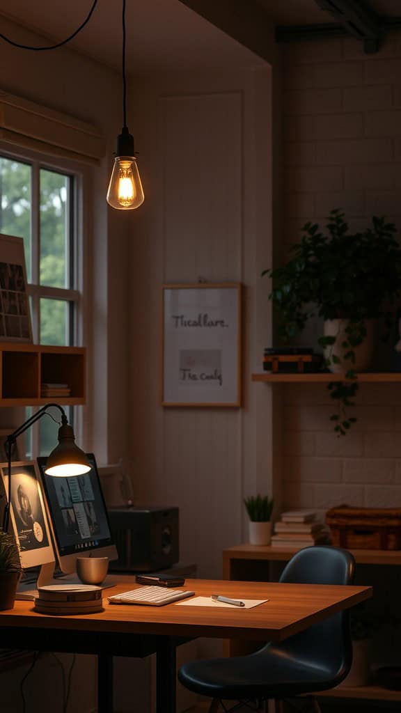 A cozy workspace with warm lighting from a pendant light and a desk lamp, featuring a wooden desk, computer, and plants.