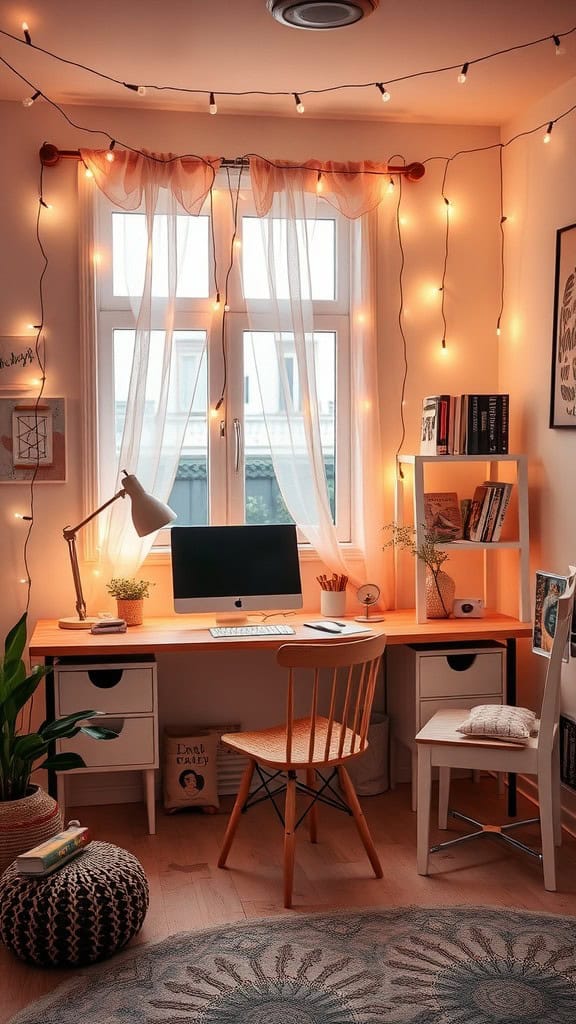 A bright feminine office adorned with warm string lights, showcasing a cozy and inviting workspace.