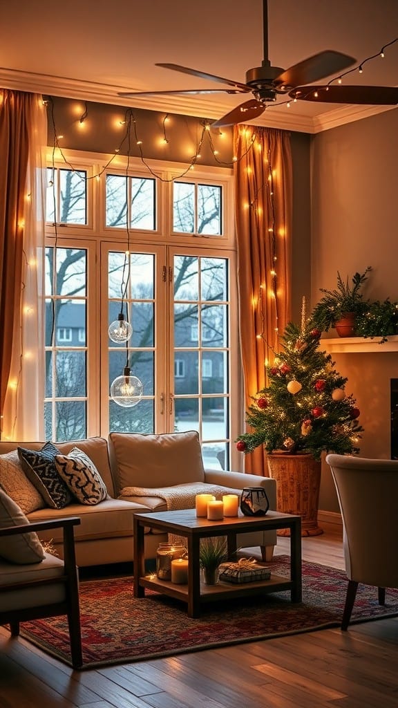 Cozy living room with warm twinkling lights and a decorated Christmas tree.