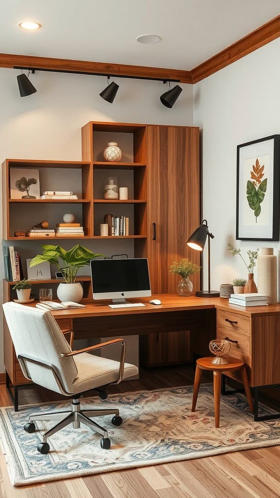 A cozy office space featuring warm wood accents, a desk, shelves, and greenery.